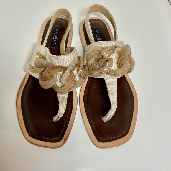 Lafayette 148 New York Cream and Brown Chain Sandals - Picture 2 of 9